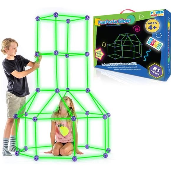 Fort Building Kit for Kids - 81 Pack Glow in The Dark Building Toys with 53 Rods - Picture 1 of 6